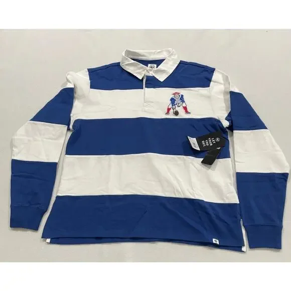 New England Patriots Long Sleeve Polo Men’s Sz Med '47 Brand NWT NFL Blue White - Picture 1 of 6